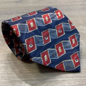 KETCH Tie Pointed Blue Red Yellow Geometric & Floral Pattern 4" x 55.5” USA